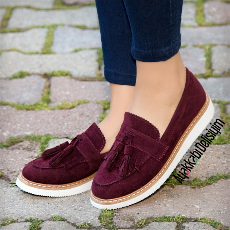 Demo Süet Bordo Beyaz Püsküllü Loafer Ayakkabı