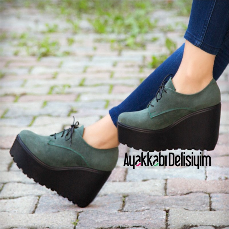 Revel Süet Yeşil Bağcıklı Kalın Tabanlı Ayakkabı