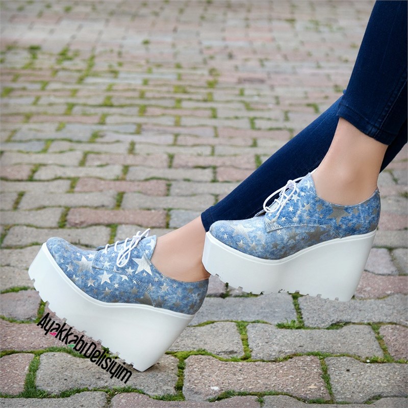 Revel Açık Kot Yıldız Desenli Kalın Tabanlı Ayakkabı