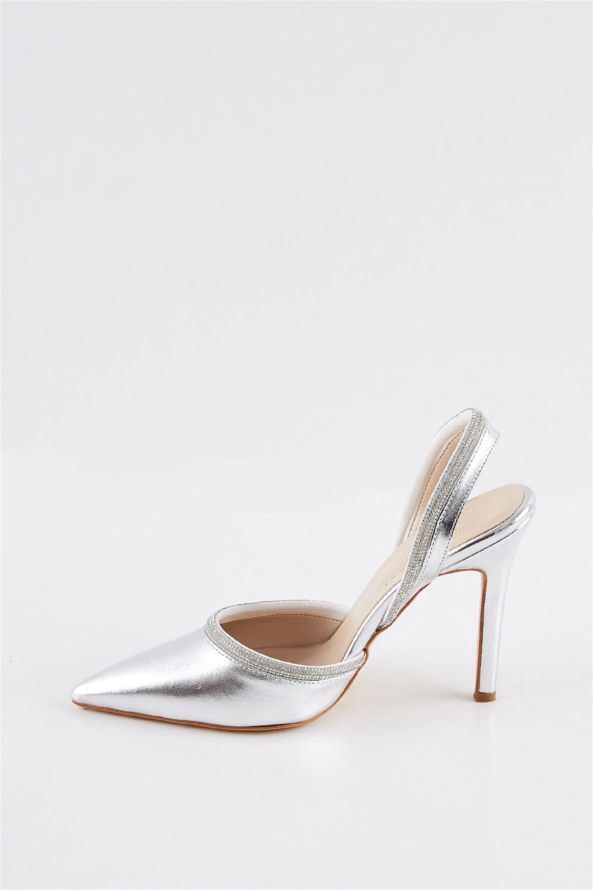 Barbiy Saten Gümüş Lame Arkası Açık Taşlı Topuklu Kadın Stiletto Ayakkabı