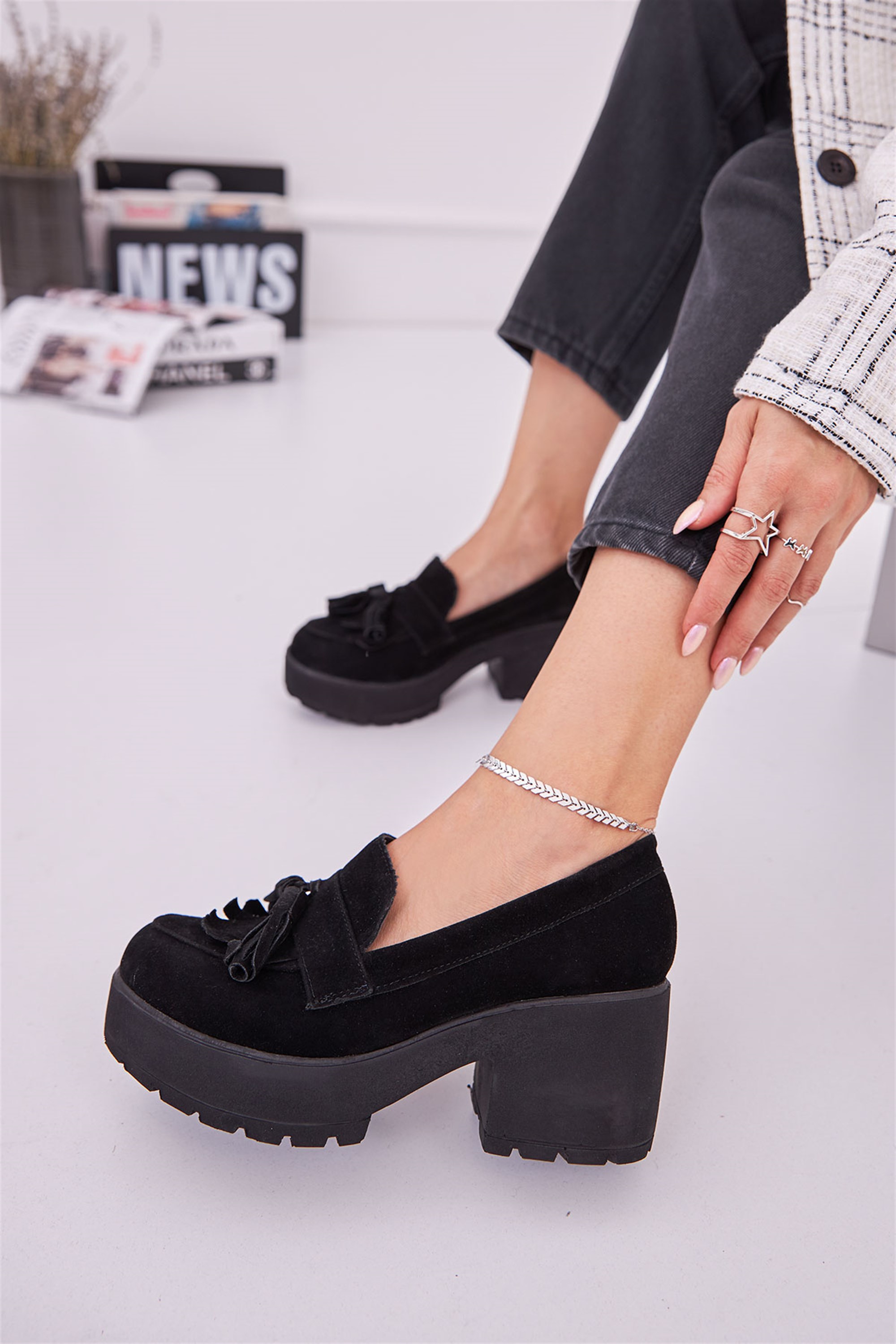 Demdiro Süet Siyah Kısa Topuklu Loafer Ayakkabı