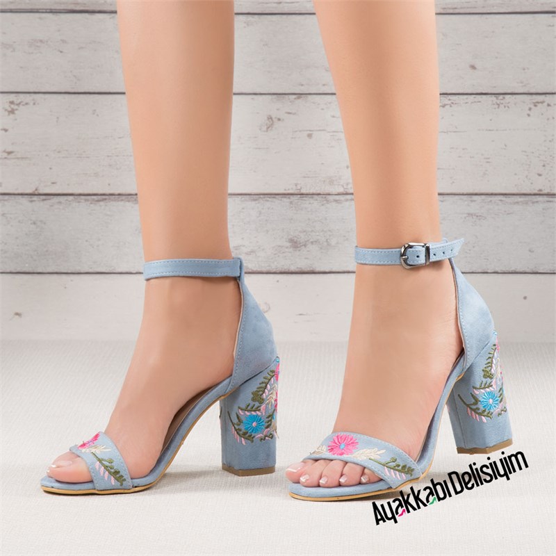 Erina Mavi Çiçekli Topuklu Ayakkabı