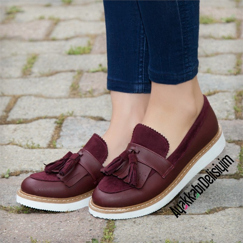 Demo Bordo Beyaz Püsküllü Loafer Ayakkabı