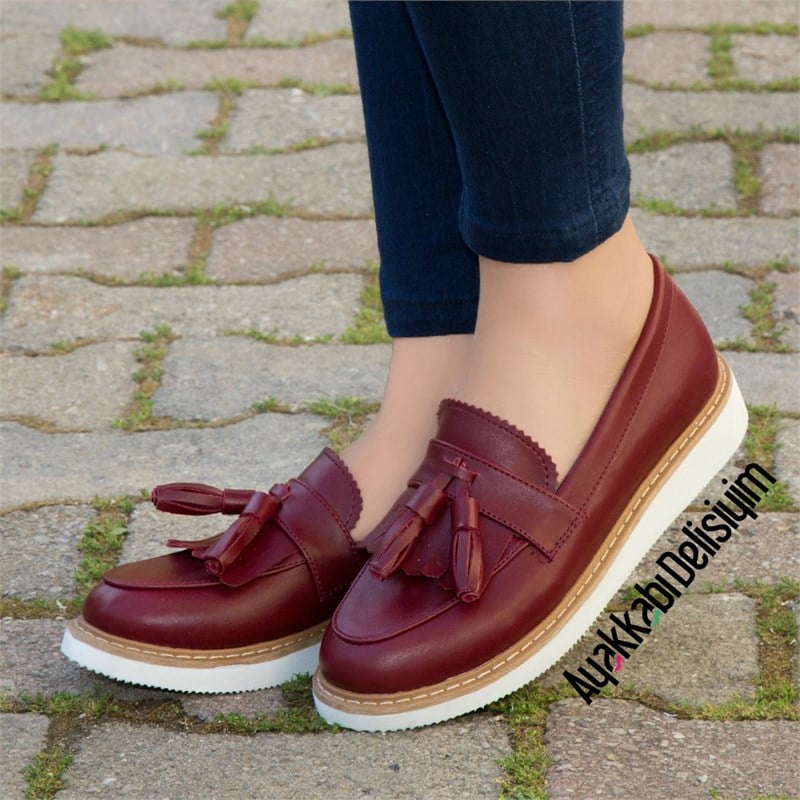 Demo Suni Deri Bordo Beyaz Püsküllü Loafer Ayakkabı