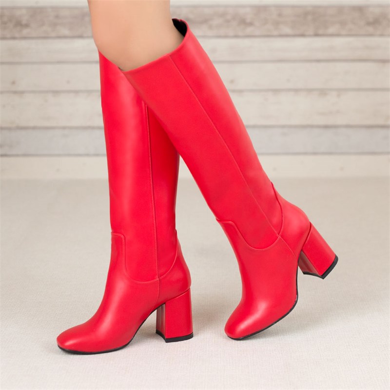 Lipola Kırmızı Fermuarsız Diz Altı Çizme