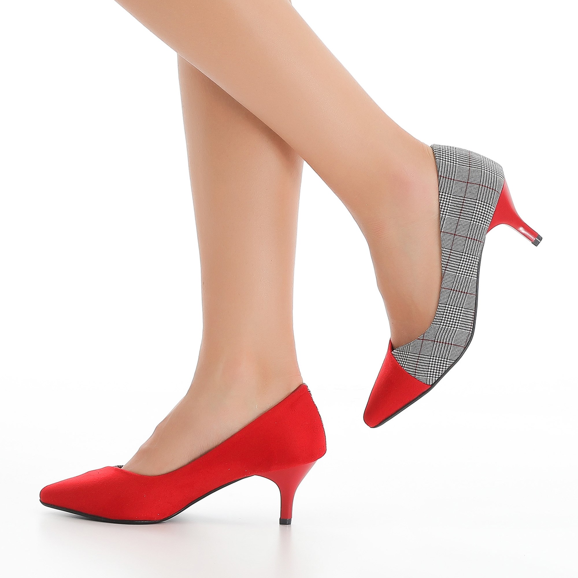 Nivi Kırmızı Ekose Kısa Topuklu Stiletto Ayakkabı