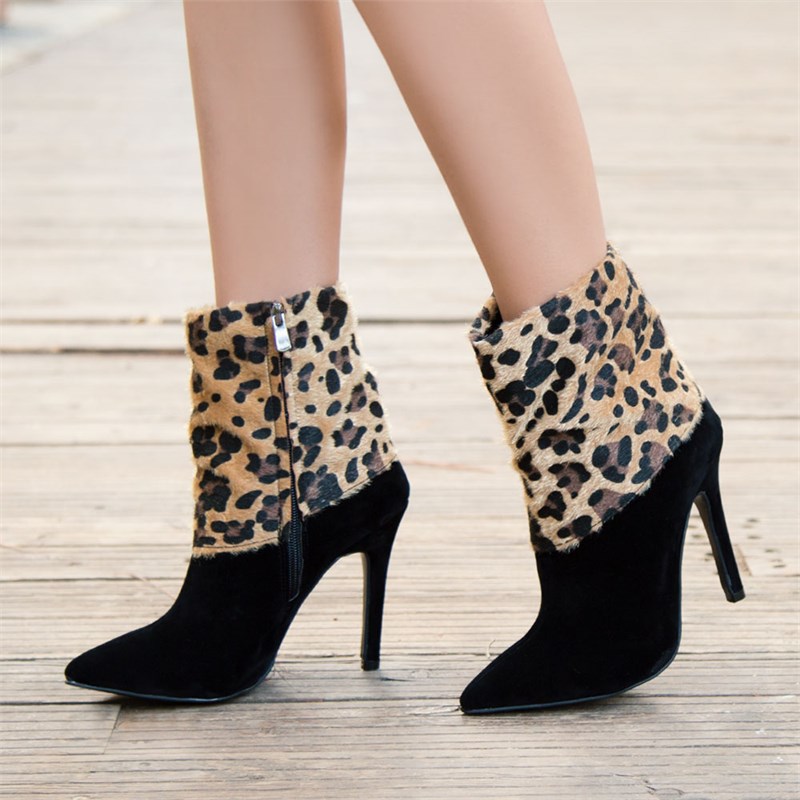 Puypar Leopar Siyah Tüylü Sivri Burun Bot