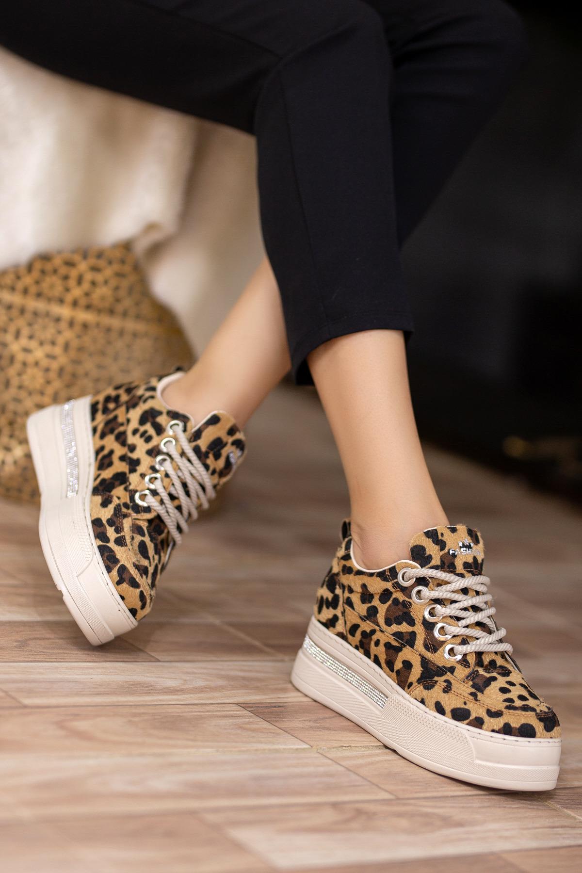 Robin Leopar Kalın Tabanlı Taşlı Bağcıklı Kadın Sneaker Spor Ayakkabı 