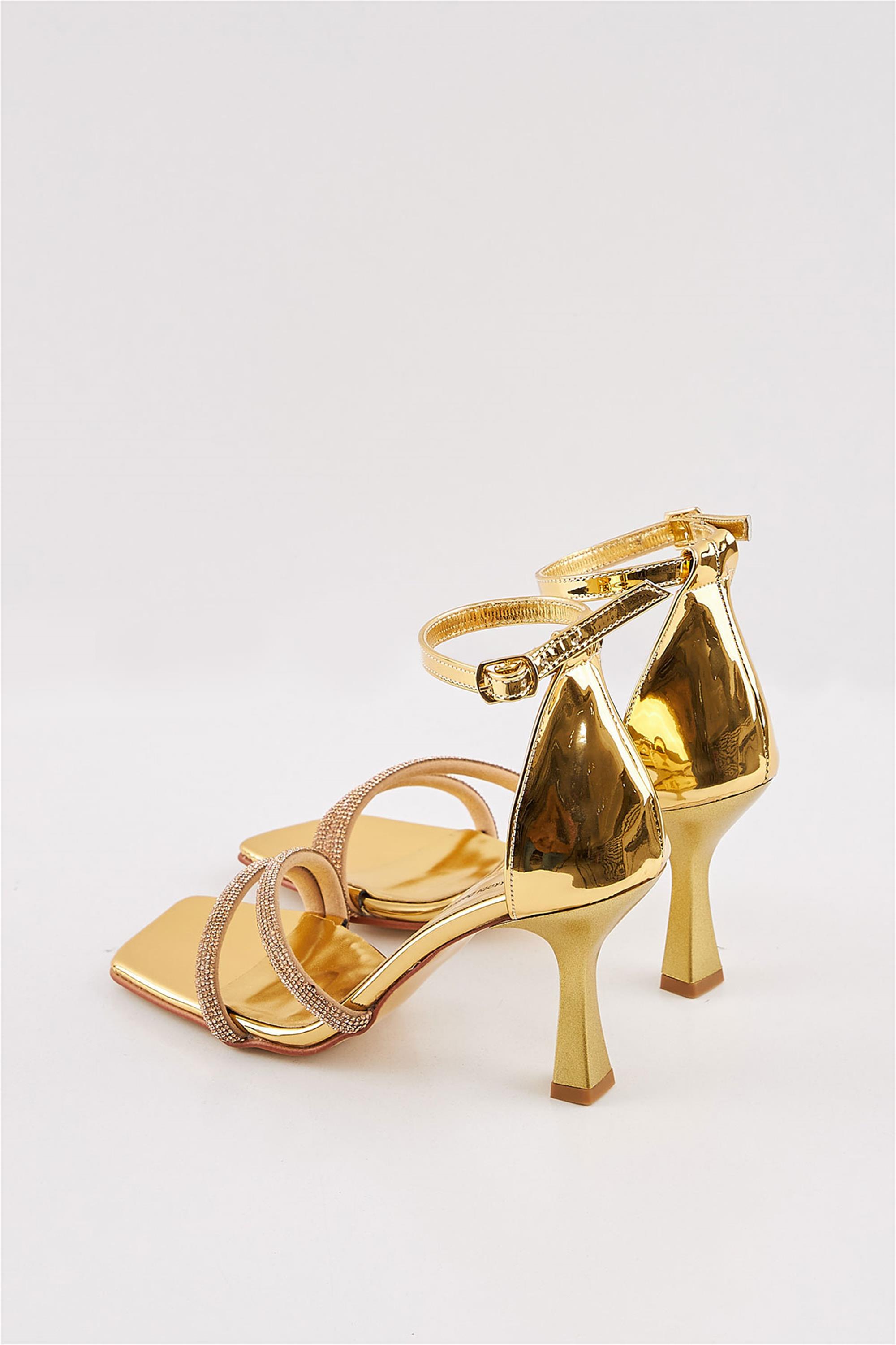 Selia Altın Dore Rengi Taşlı Bantlı Topuklu Abiye Kadın Ayakkabı