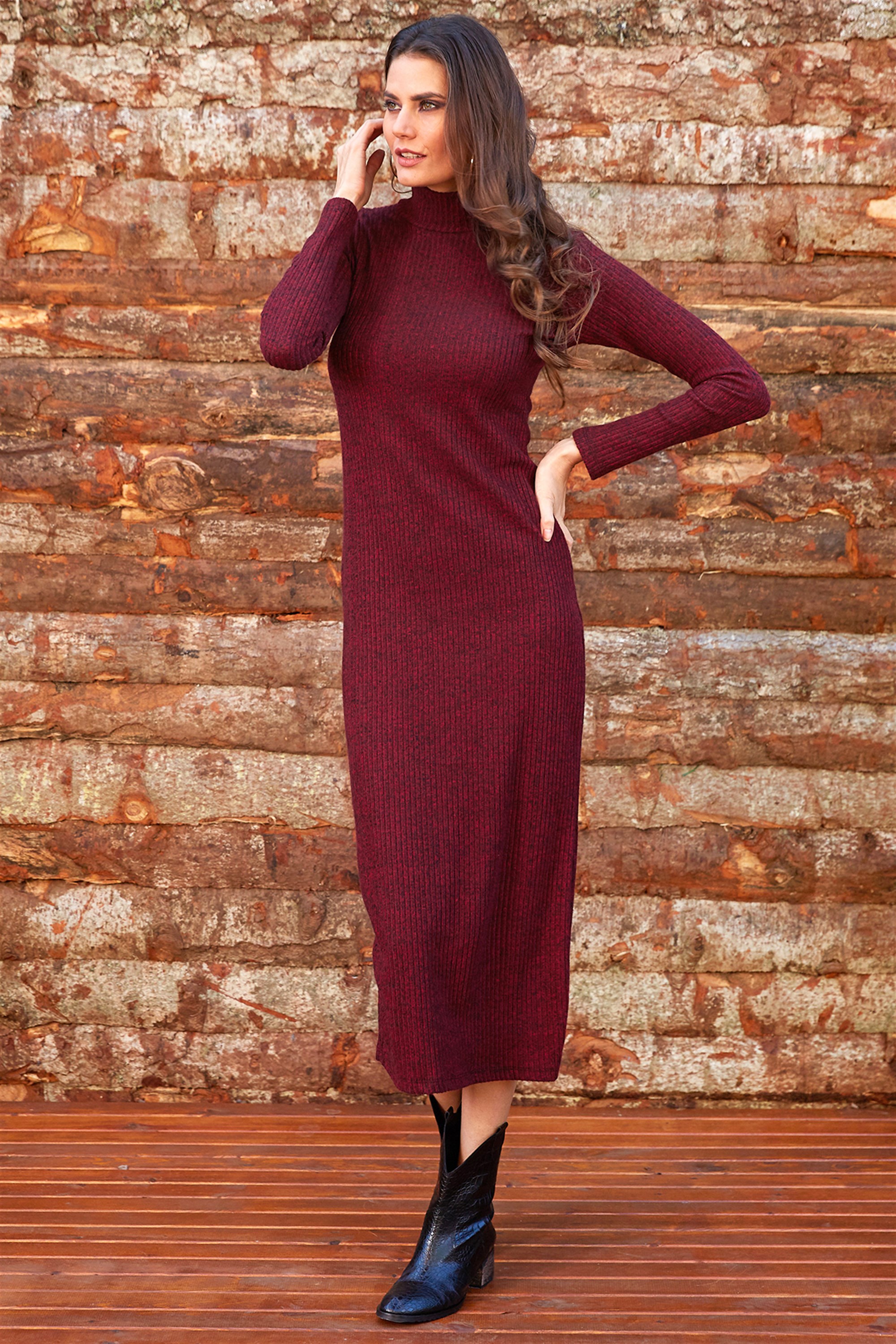 Yarım Balıkçı Yaka Triko Midi Bordo Elbise