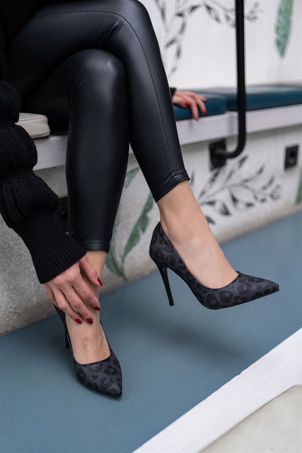 Seviy Siyah Gri İnce Topuklu Kadın Stiletto Ayakkabı