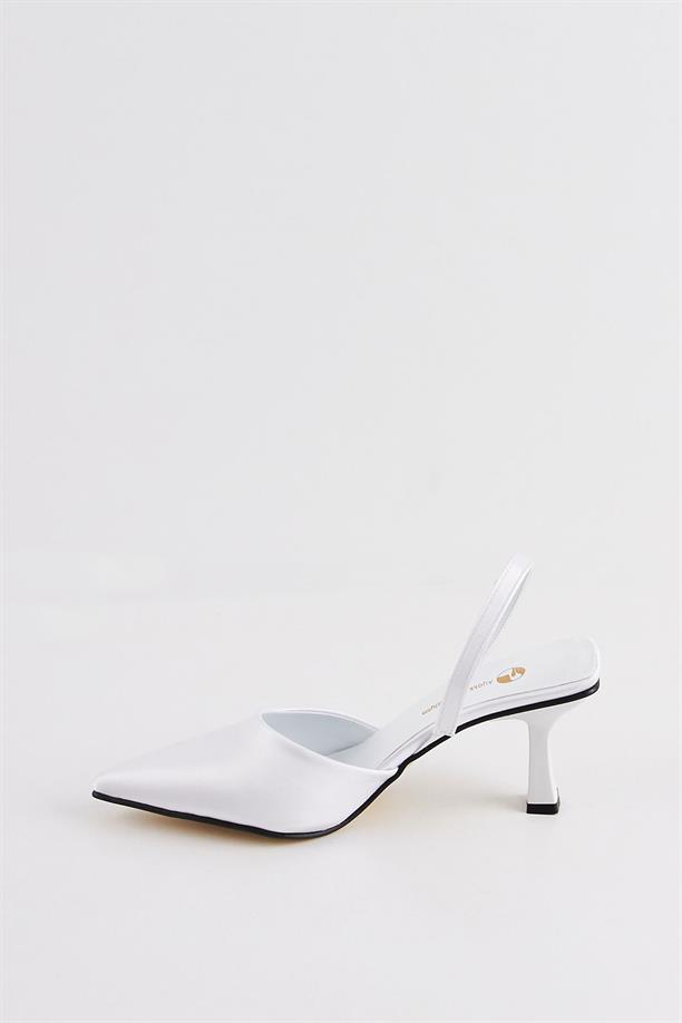 Darey Beyaz Saten  Arkası Açık Topuklu Kadın Stiletto Ayakkabı