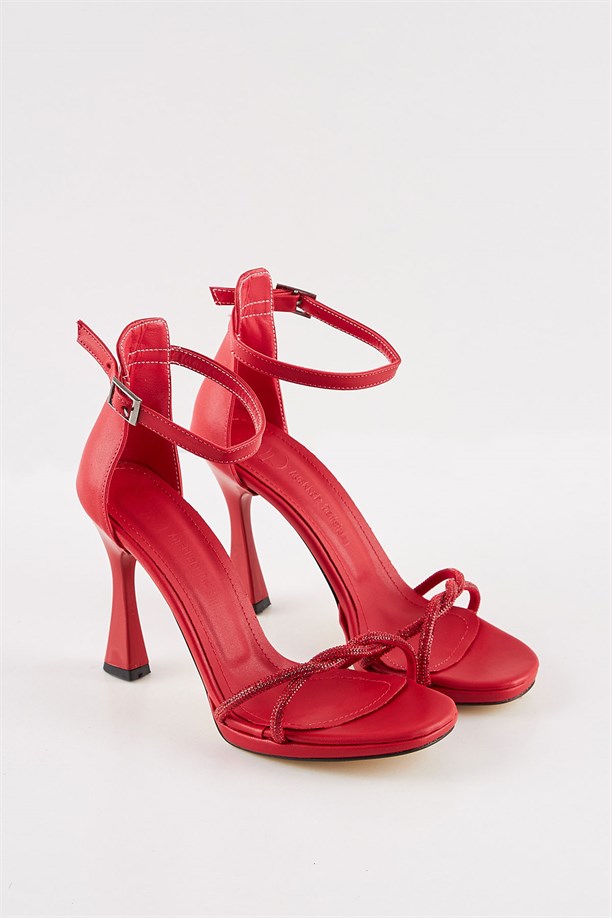 Eray Kırmızı Taşlı Kalın Topuklu Platformlu Kadın Sandalet Ayakkabı