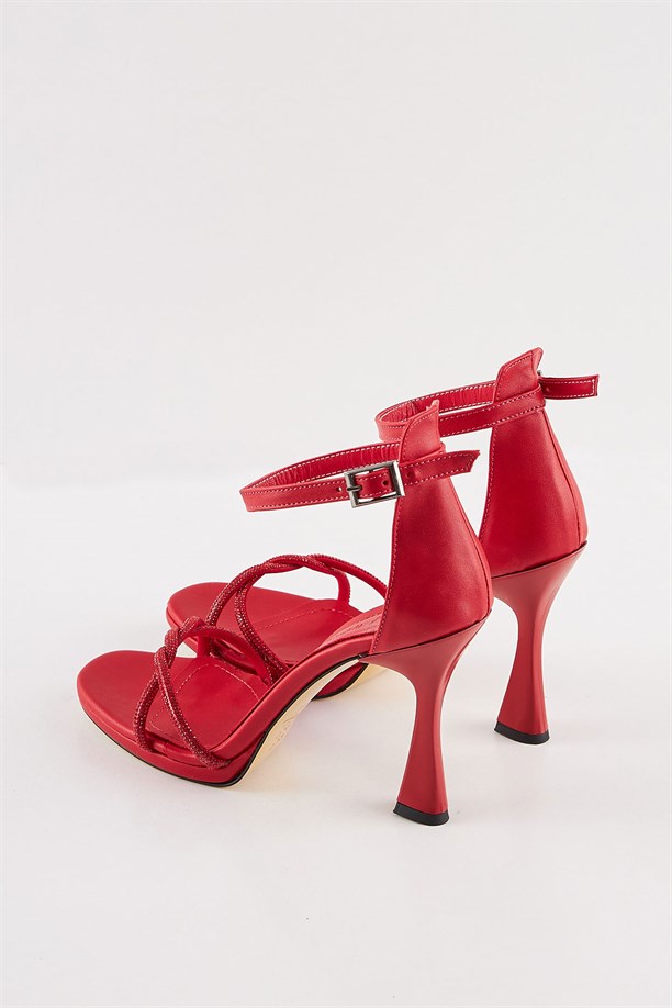 Eray Kırmızı Taşlı Kalın Topuklu Platformlu Kadın Sandalet Ayakkabı
