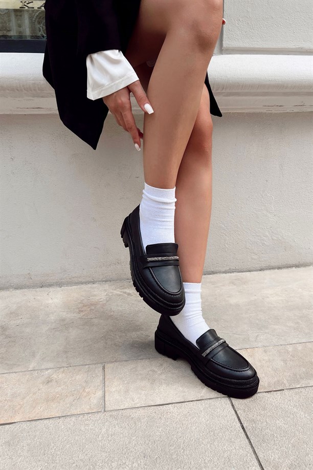 Meros Siyah Deri Loafer Babet Ayakkabı