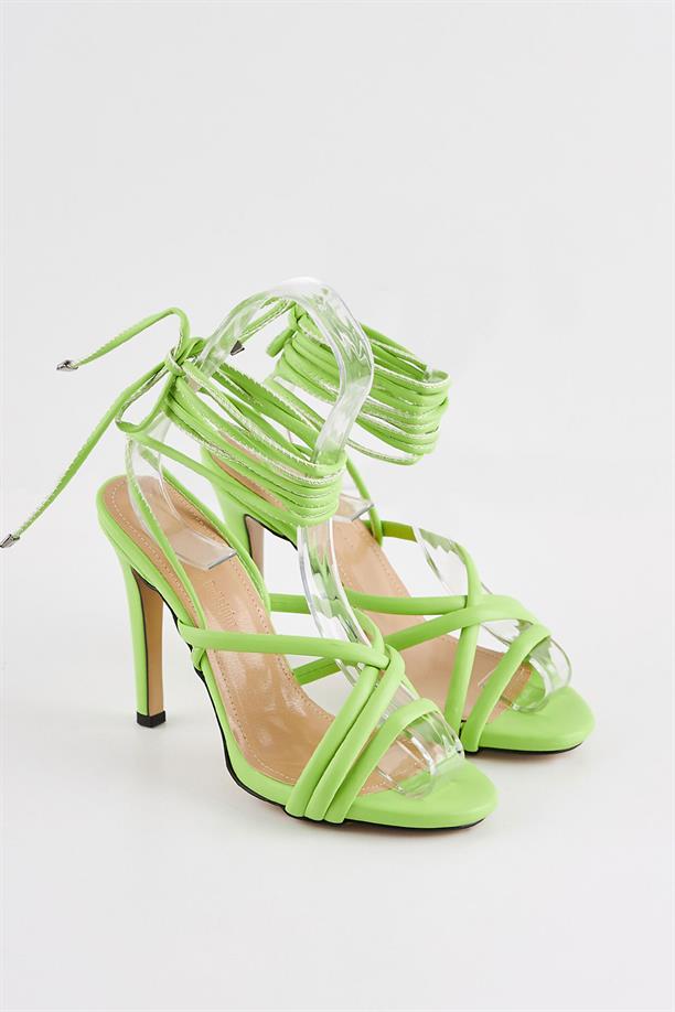 Mimka Yeşil Deri İpli Bağlamalı Kadın Topuklu Sandalet Ayakkabı
