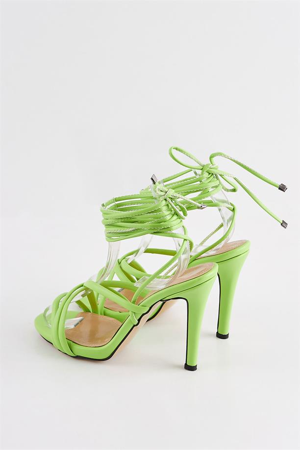 Mimka Yeşil Deri İpli Bağlamalı Kadın Topuklu Sandalet Ayakkabı