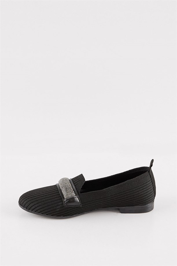 Sandova Siyah Triko Taşlı Topuklu Kadın Babet Ayakkabı