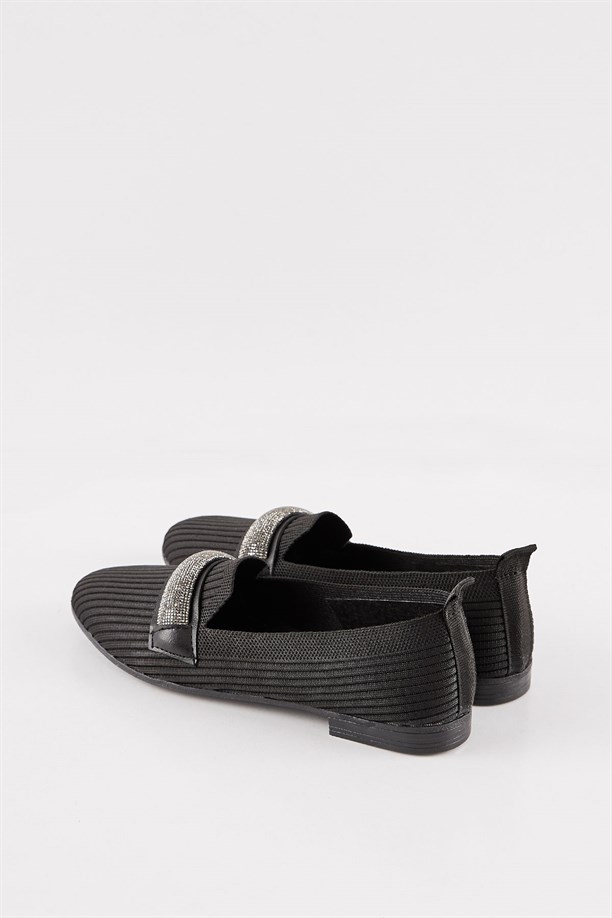 Sandova Siyah Triko Taşlı Topuklu Kadın Babet Ayakkabı
