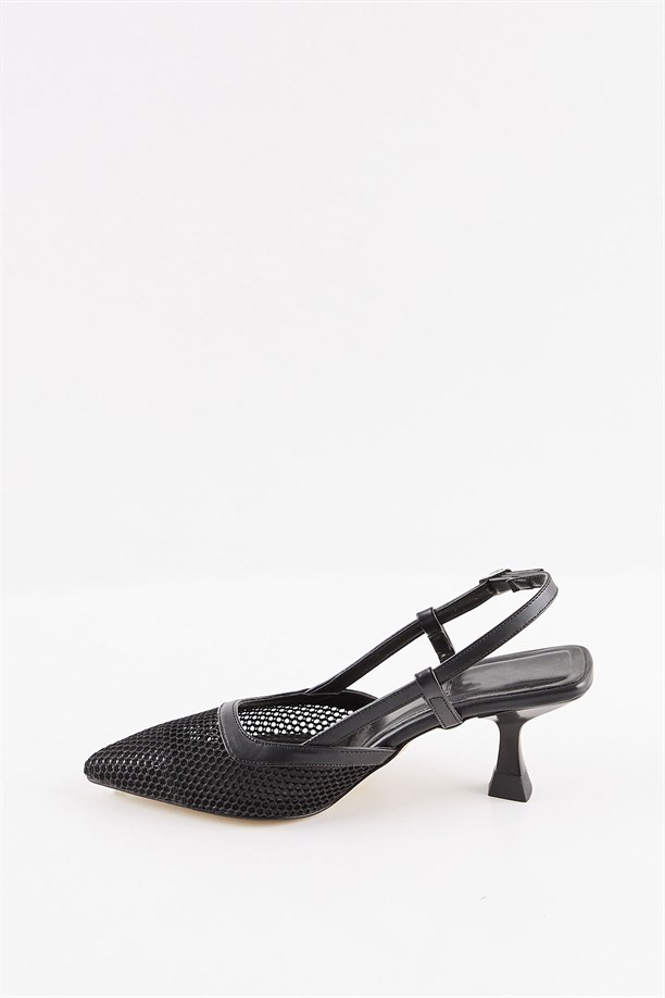 Visay Siyah Tül File Kısa Topuklu Stiletto Ayakkabı