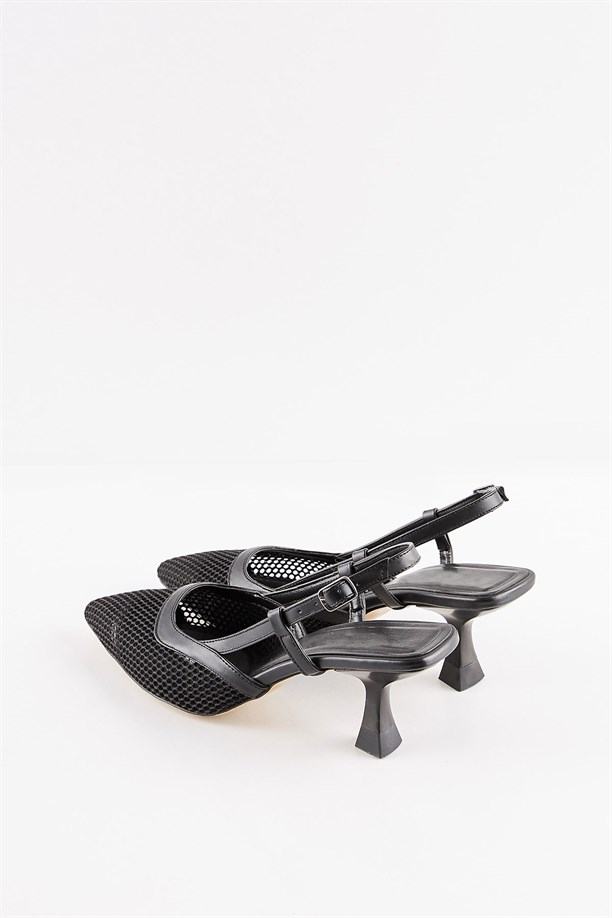 Visay Siyah Tül File Kısa Topuklu Stiletto Ayakkabı