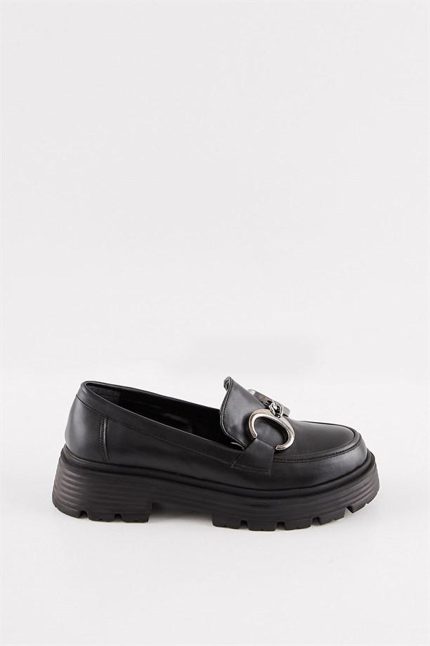 Yayep Siyah Deri Loafer Tokalı Babet Oxford Kadın Ayakkabı