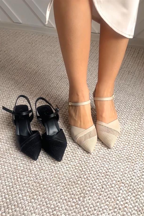 Zeyi Bej Rengi Arkası Açık Tüllü Topuklu Kadın Stiletto Ayakkabı