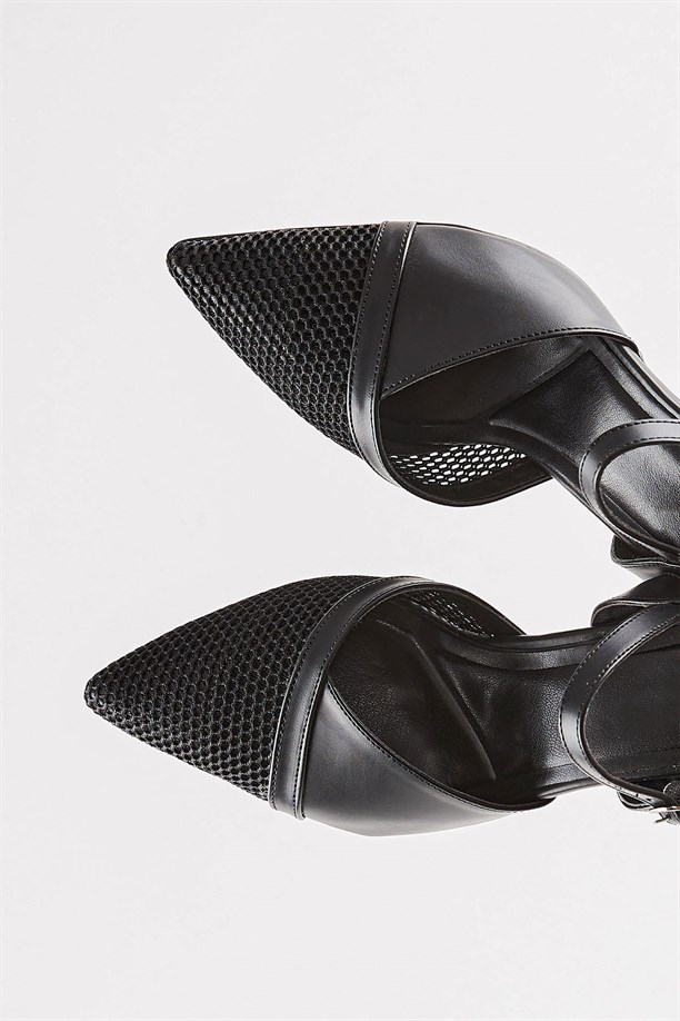 Zeyi Siyah Arkası Açık Tüllü Topuklu Kadın Stiletto Ayakkabı