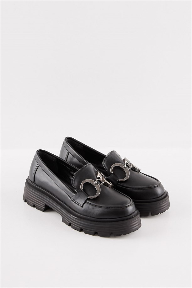 Yayep Siyah Deri Loafer Tokalı Babet Oxford Kadın Ayakkabı