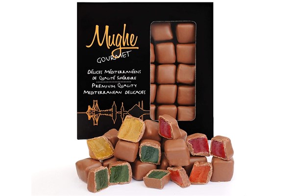 Rose, Mint, Orange and Strawberry Flavored Turkish Delight Lokum Covered with Chocolate in Gift Box Tin, 300g, 20 Pieces, Mughe Gourmet