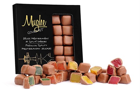 Rose, Mint, Orange and Strawberry Flavored Turkish Delight Lokum Covered with Chocolate in Gift Box Tin, 300g, 20 Pieces, Mughe Gourmet