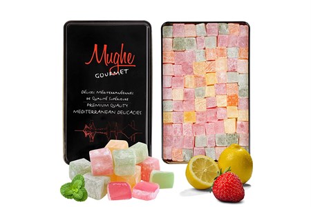 Turkish Delight Assortment Luxurious Selection of Rose, Strawberry, Lemon, Orange and Mint Flavour, Mughe Gourmet Lokum Dessert Mix Delights, Approx 90 pieces, 750g ℮ Gift Box (No Nuts)