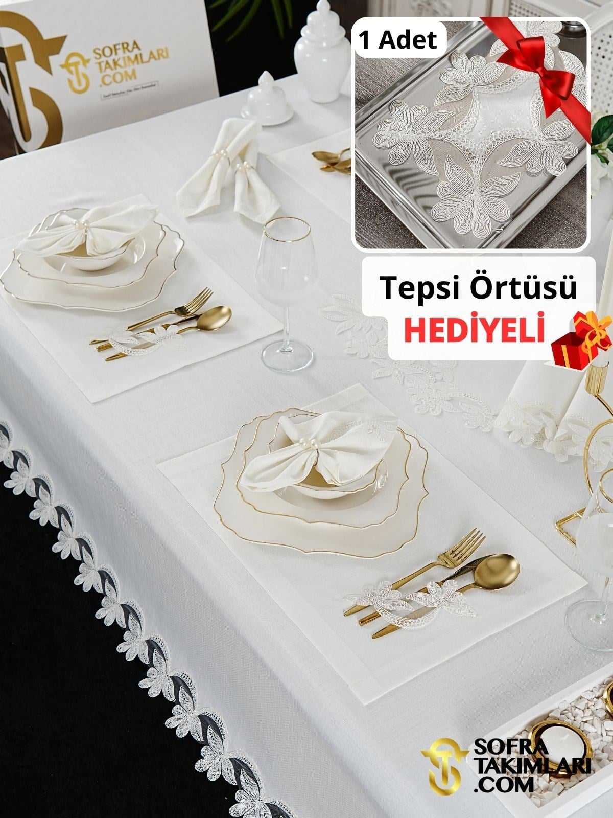 Dina Model Lüks Sofra Takımı 38 Parça Full Set - Kırık Beyaz Dantel - Kırık Beyaz Keten Kumaş