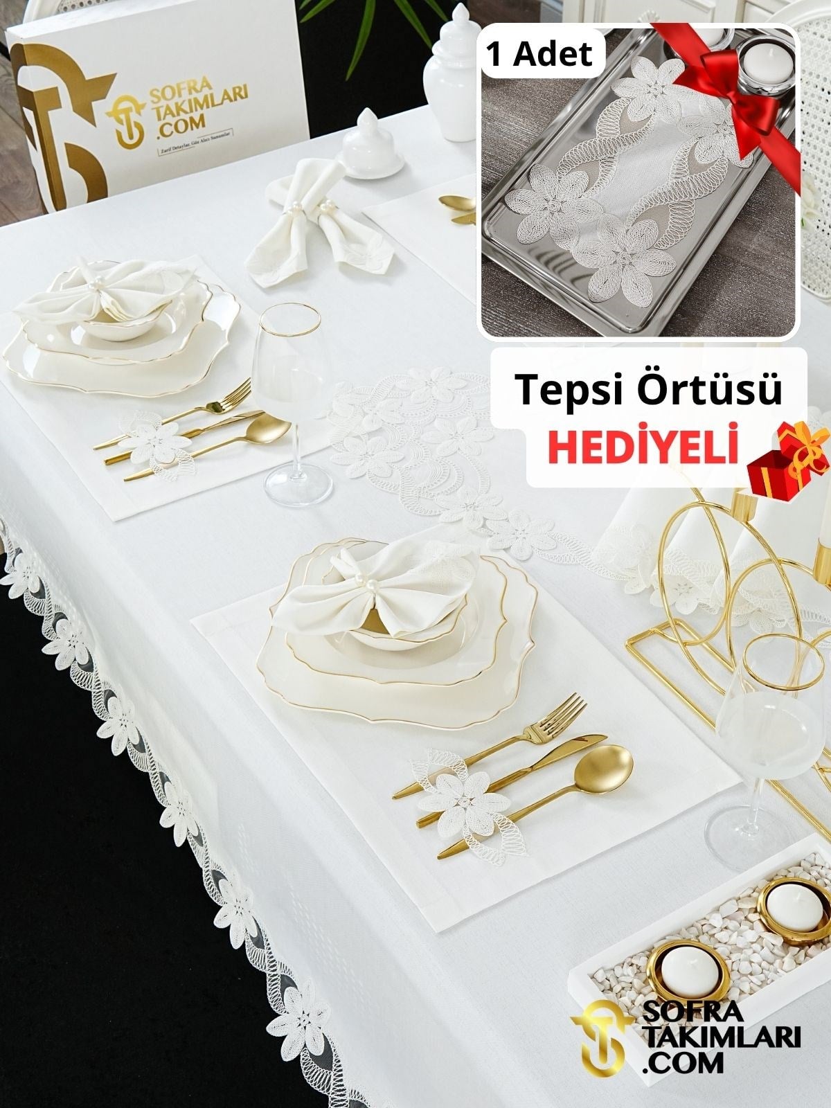 Feride Model Lüks Sofra Takımı 38 Parça Full Set - Kırık Beyaz Dantel - Kırık Beyaz Keten Kumaş