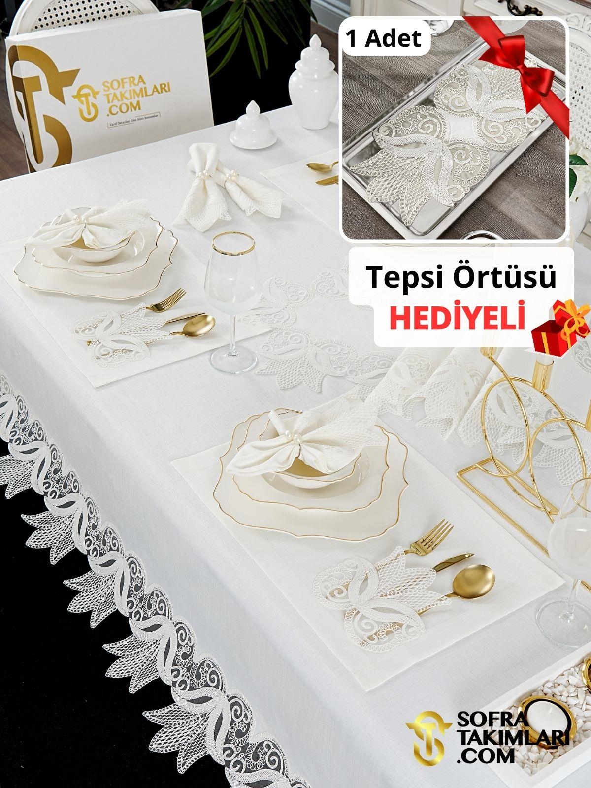 Lale Model Lüx Sofra Takımı - 38 Parça Amerikan Servisli Set - Kırık Beyaz Kumaş 2725