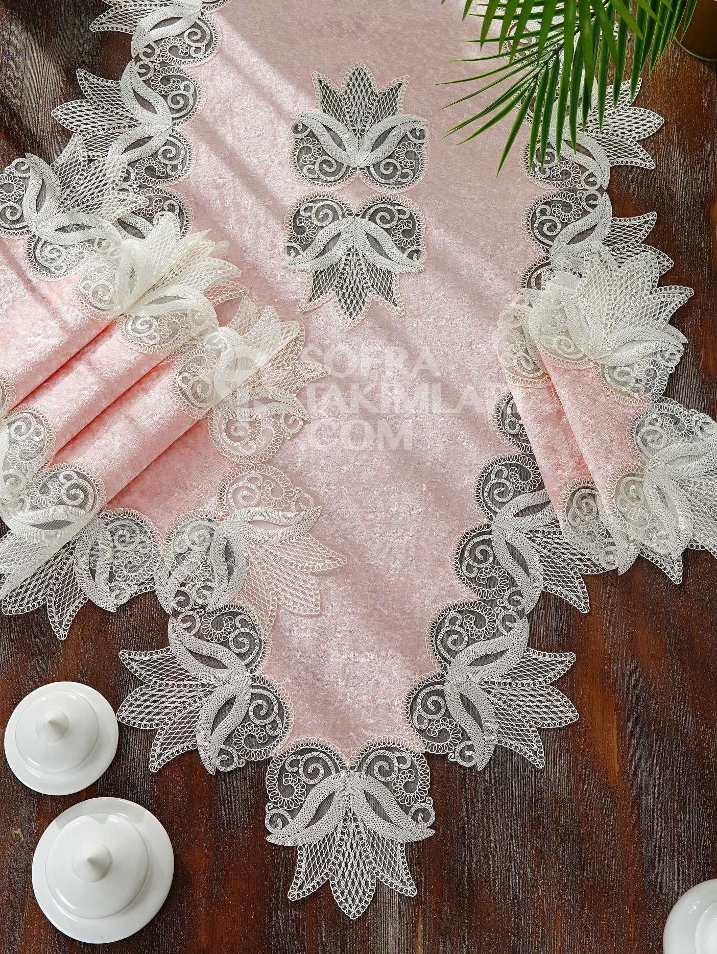 Lale Model Salon Örtü Takımı - 5 Parça Set  - Pembe İpek Kadife Kumaş