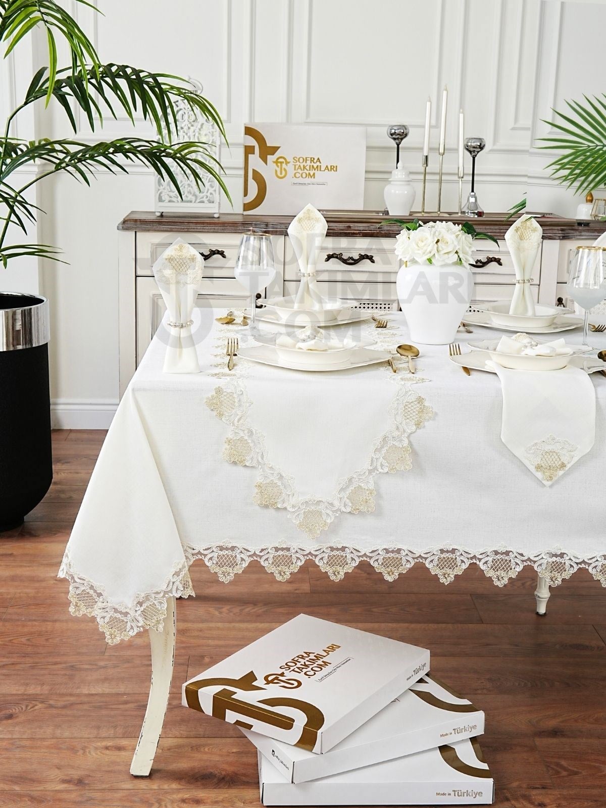 Safir Model Lüks Sofra Takımı 26 Parça Set - Gold Dantel - Kırık Beyaz Keten Kumaş