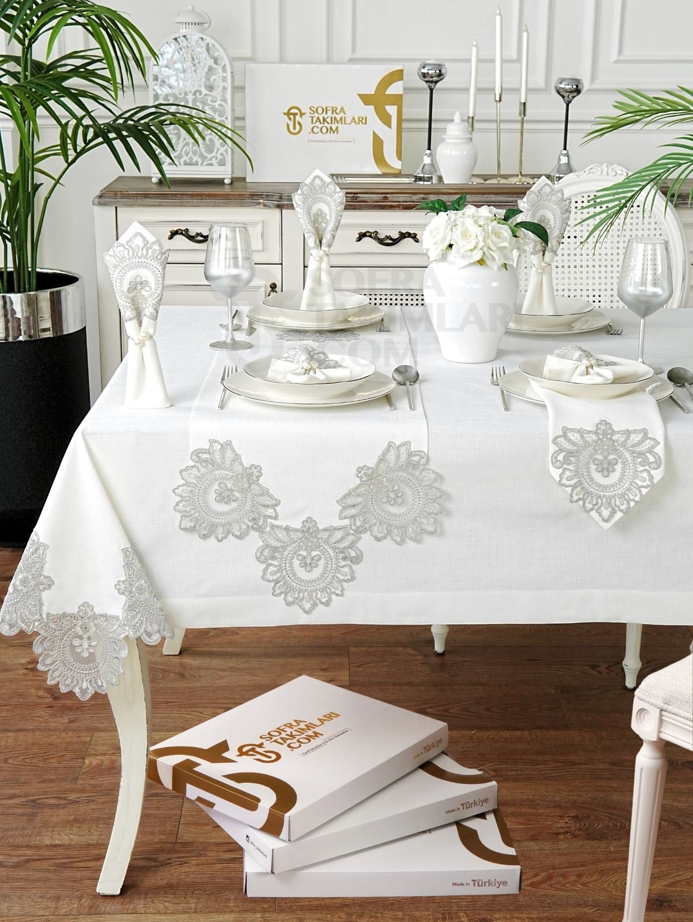 Şahmeran Model Eko 26 Parça Sofra Takımı Set - Gümüş Dantelli - Kırık Beyaz Kumaş TKT