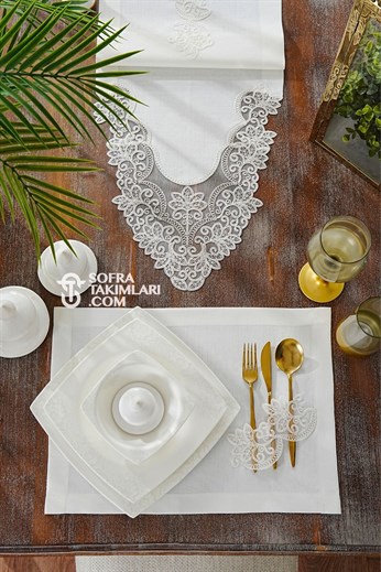 Açelya Model Amerikan Servis Seti - Kırık Beyaz Dantel - Kırık Beyaz Kumaş