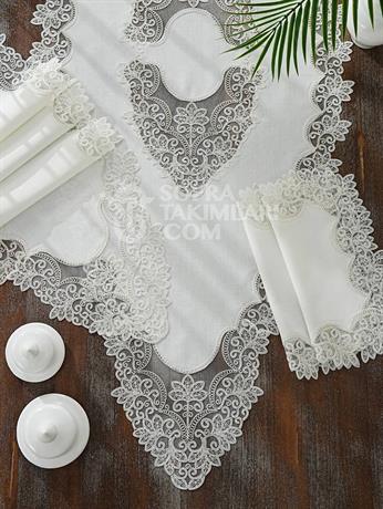 Açelya Model Salon Örtü Takımı - 5 Parça Set - Kırık Beyaz Dantel - Kırık Beyaz Kumaş