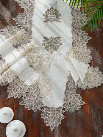 Anka Model 5 Parça Salon Örtü Takımı - Kırık Beyaz Kadife Kumaş