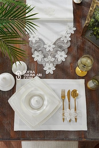 Feride Model Amerikan Servis Seti - Kırık Beyaz Dantel - Kırık Beyaz Kumaş