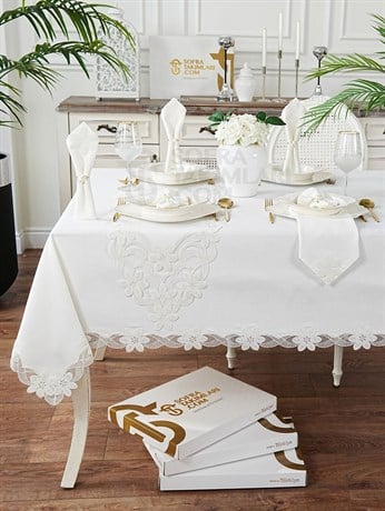 Feride Model Lüks Sofra Takımı 26 Parça Set - Kırık Beyaz Dantel - Kırık Beyaz Keten Kumaş