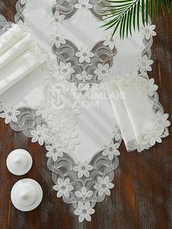 Feride Model Salon Örtü Takımı - 5 Parça Set - Kırık Beyaz Dantel - Kırık Beyaz Kumaş
