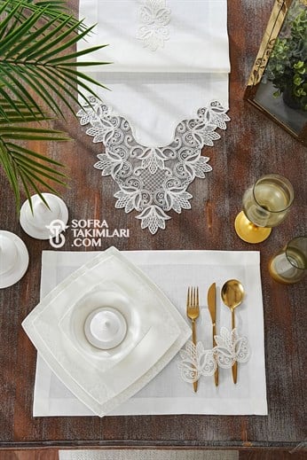 Fulya Model Amerikan Servis Seti - Kırık Beyaz Dantel - Kırık Beyaz Kumaş