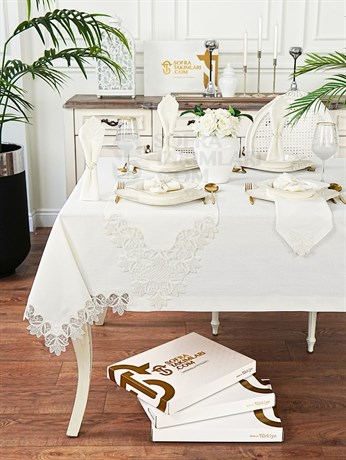 Fulya Model Eko Sofra Takımı 26 Parça Set - Kırık Beyaz Dantel - Kırık Beyaz Keten Kumaş