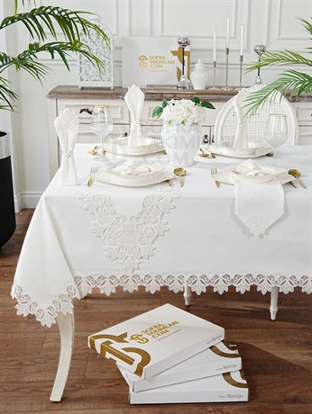 Fulya Model Lüks Sofra Takımı 26 Parça Set - Kırık Beyaz, Kırık Beyaz Dantel - Kırık Beyaz Keten Kumaş