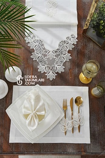 Fulya Model Peçeteli Amerikan Servis Seti - Kırık Beyaz Dantel - Kırık Beyaz Kumaş