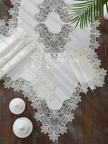 Fulya Model Salon Örtü Takımı - 5 Parça Set - Kırık Beyaz Dantel - Kırık Beyaz Kumaş
