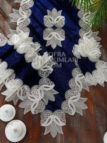 Lale Model Salon Örtü Takımı - 5 Parça Set  - Lacivert İpek Kadife Kumaş